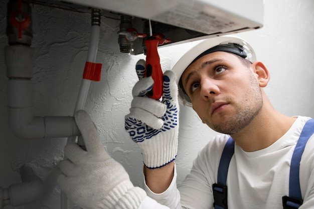 Worker repairing water heater