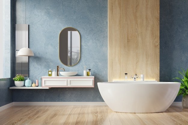 Modern bathroom with wooden floor
