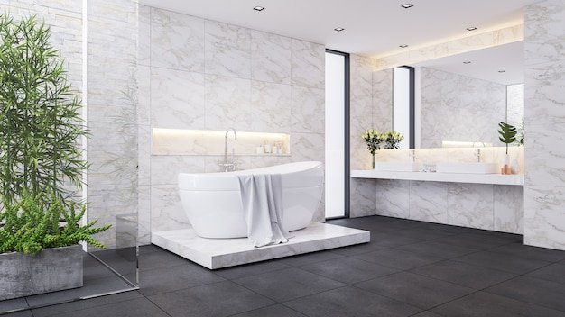Modern luxury bathroom design,white room,white bathtub on  marble wall ,3d render