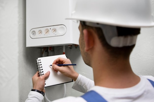 Worker repairing water heater