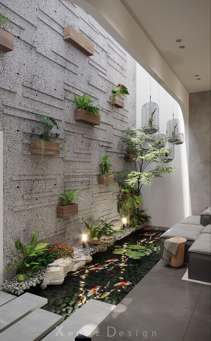 Taman dalam rumah dengan kolam ikan