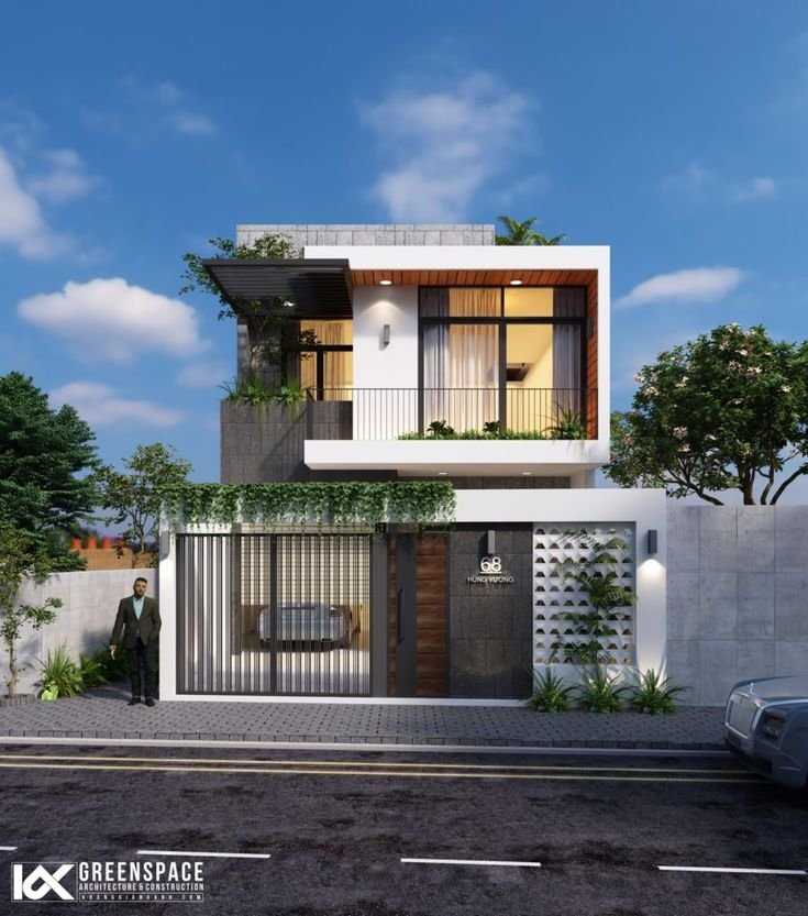 Fasad rumah dengan tanaman hias