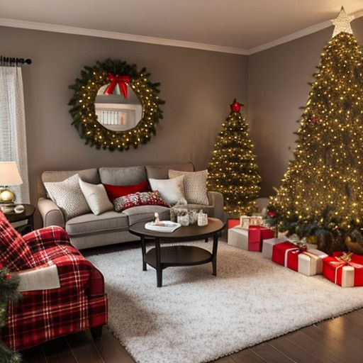 dekorasi natal di ruang tamu dengan cermin