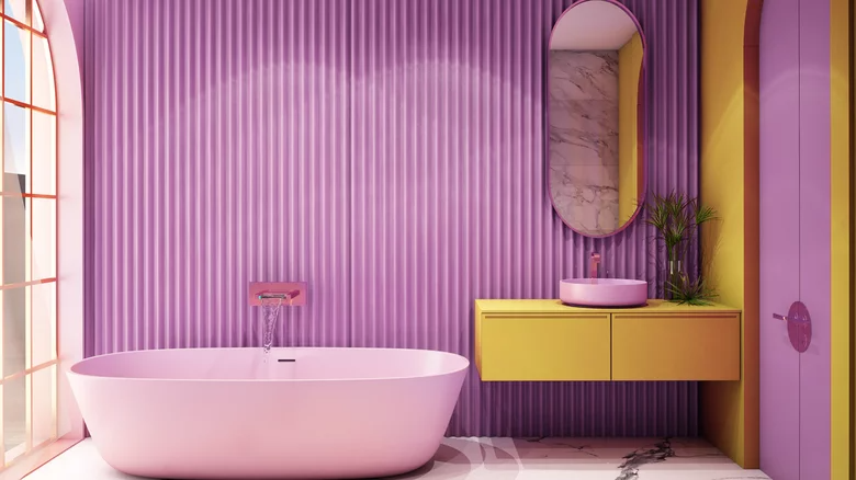 Dapur kombinasi rumah cat warna ungu dan kuning