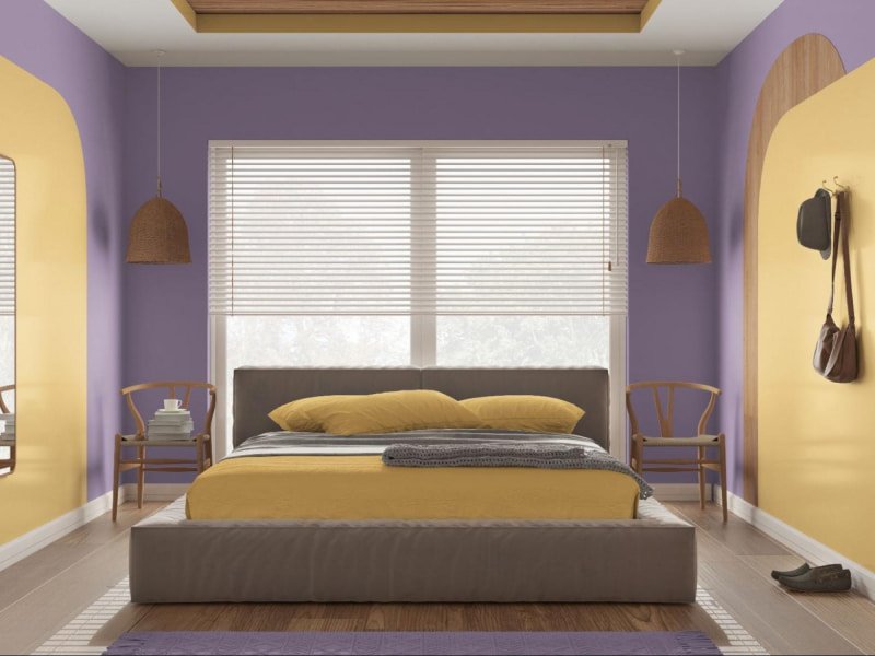 kamar dewasa kombinasi cat rumah warna ungu dan kuning