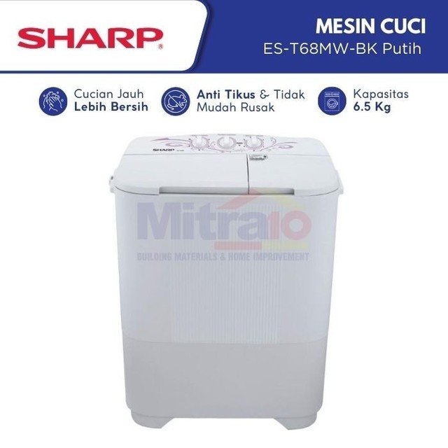 meisn cuci harga 1 jutaan: 1. Sharp Mesin Cuci 2 Tabung ES-T68MW-BK – 6.5 Kg