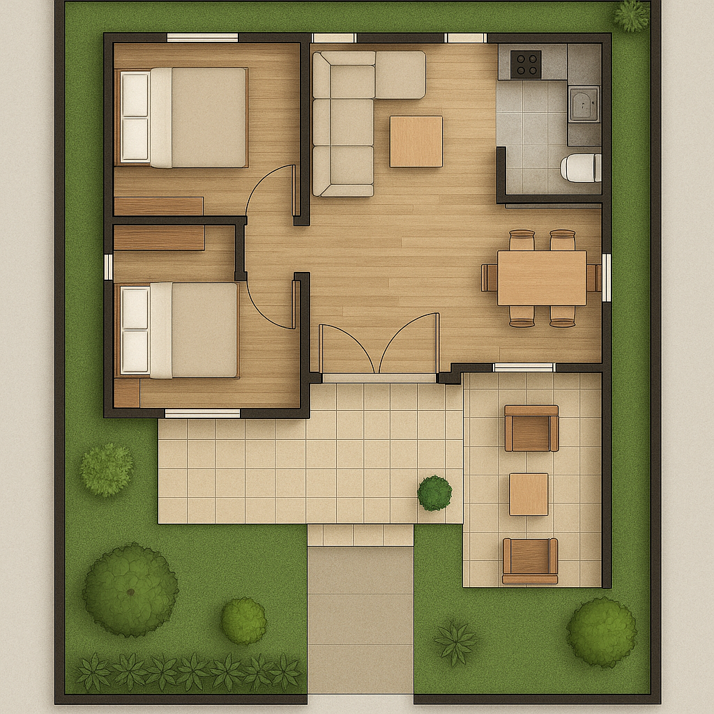 1. Denah Rumah 2 Kamar dengan Teras Depan Luas