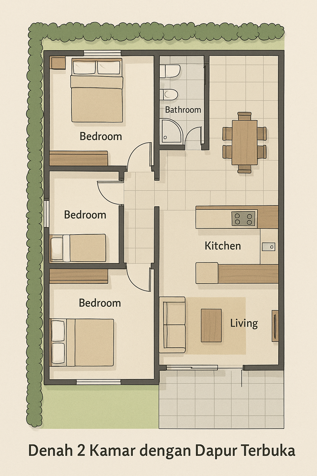 6. Denah 2 Kamar dengan Dapur Terbuka