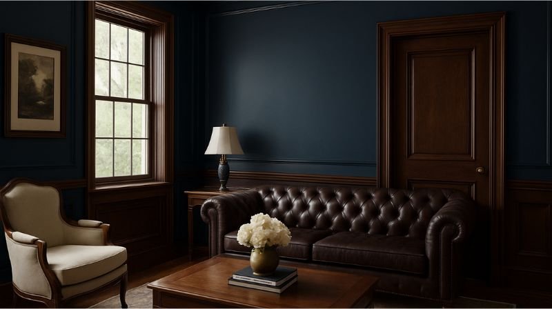 Navy Blue dengan Kusen Kayu Cokelat Gelap