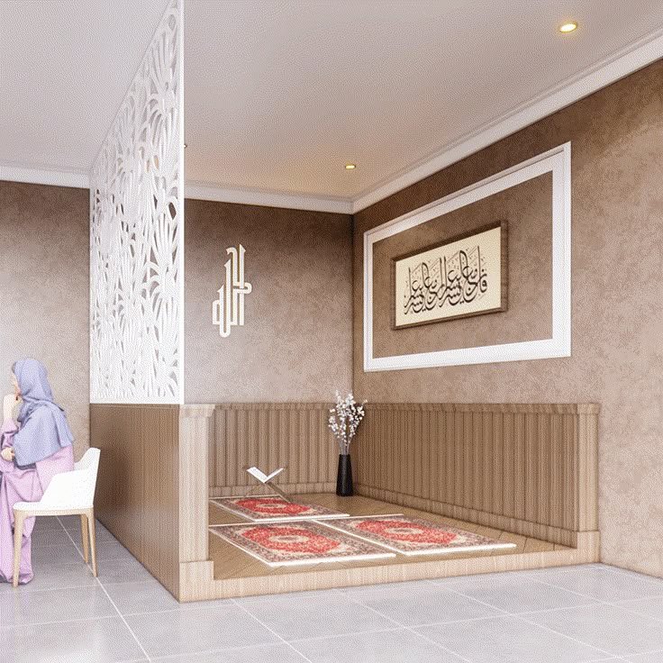 desain mushola rumah minimalis dengan rak ambalan kayu