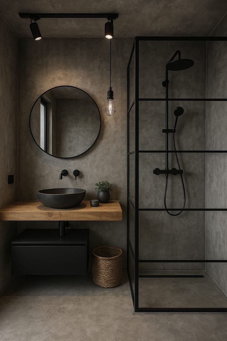 desain kamar mandi Industrial Monokrom Hitam–Abu